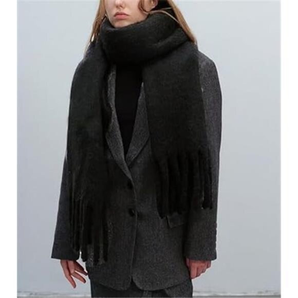 Women Cashmere Feel Scarf, Soft Warm Black - Picture 4 of 6